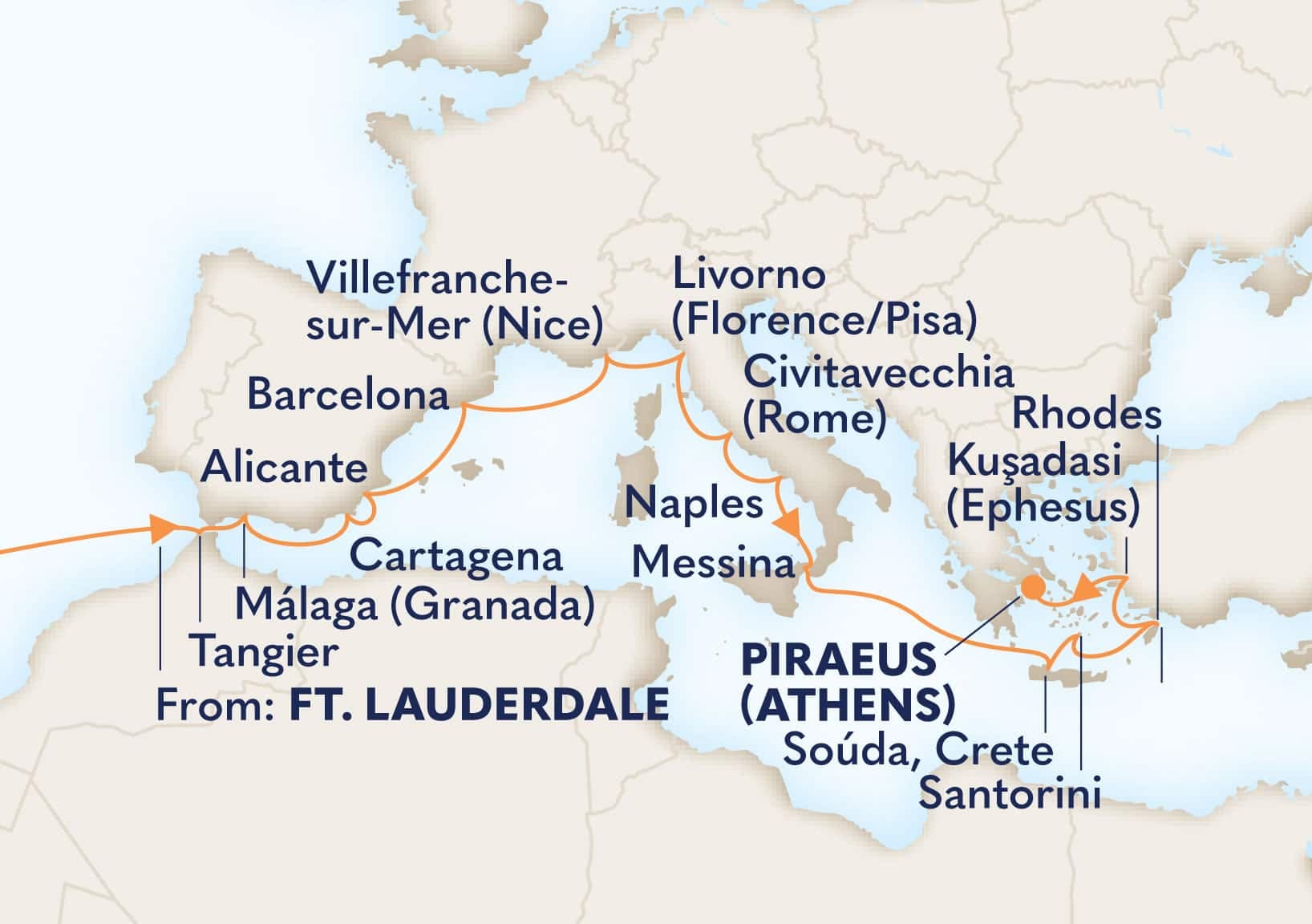 25 nights Mediterranean cruise on Oosterdam
from ๐บ๐ธ Fort Lauderdale to ๐ฌ๐ท Athens