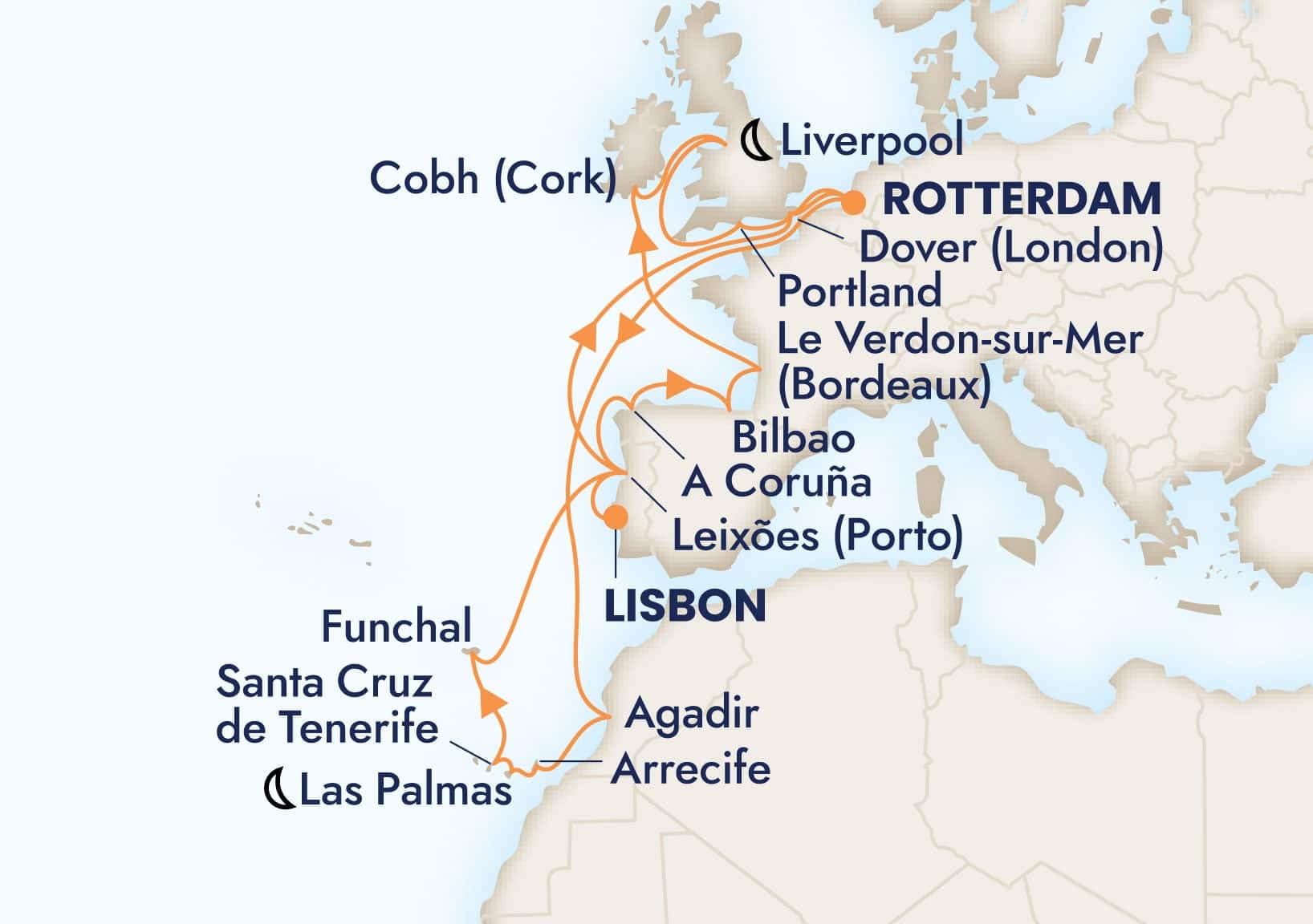 25 nights Mediterranean cruise on Nieuw Statendam
from ๐ต๐น Lisbon to ๐ณ๐ฑ Rotterdam