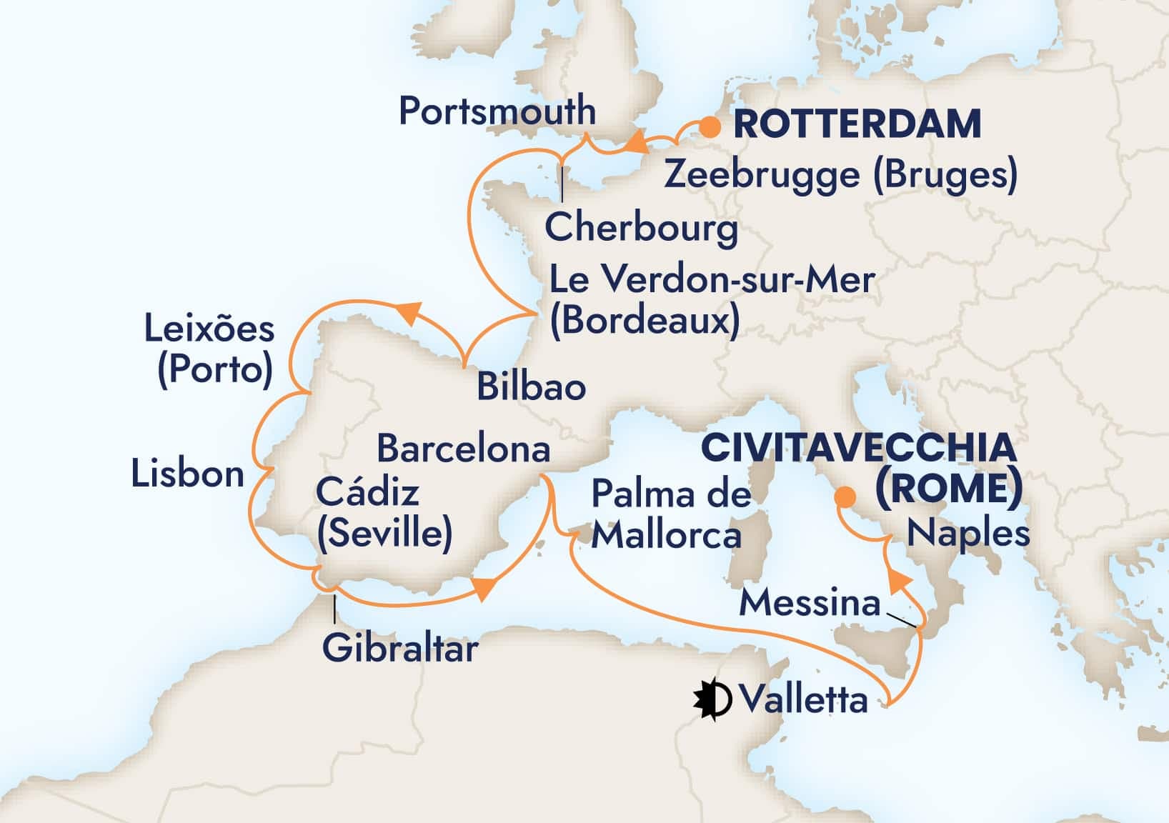 20 nights Mediterranean cruise on Rotterdam
from ๐ณ๐ฑ Rotterdam to ๐ฎ๐น Civitavecchia