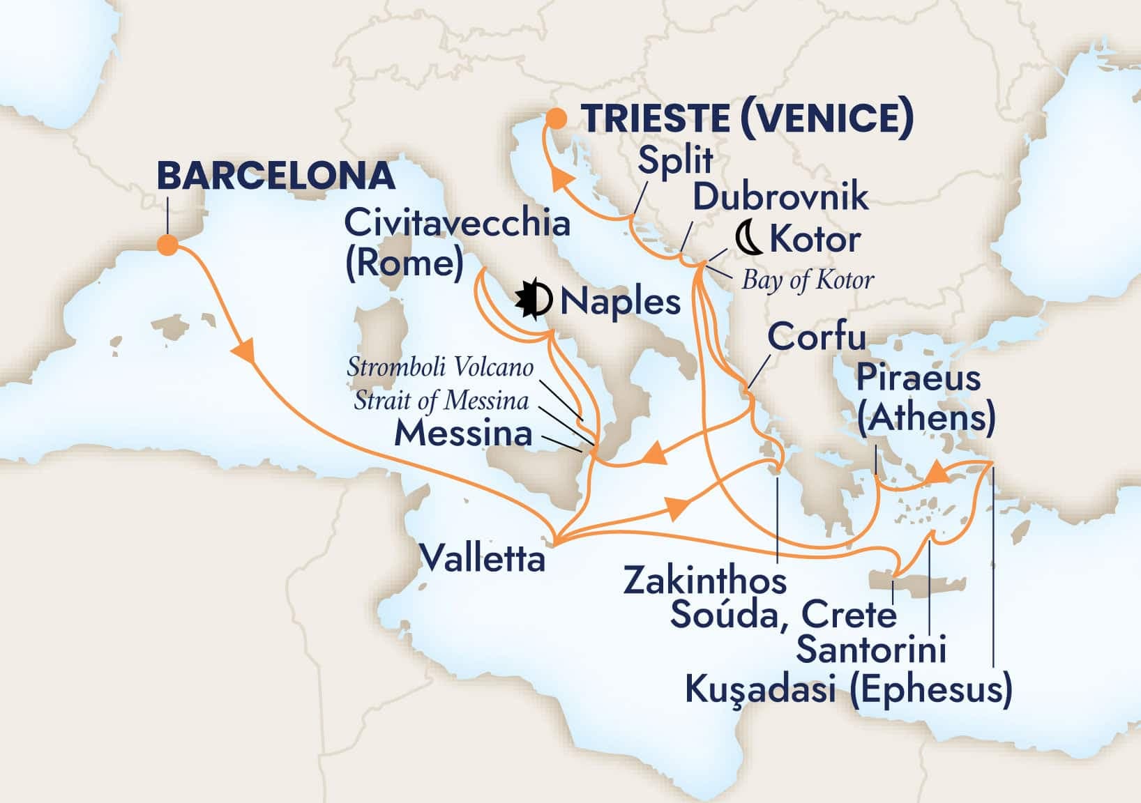 25 nights Mediterranean cruise on Nieuw Amsterdam
from ๐ช๐ธ Barcelona to ๐ฎ๐น Trieste