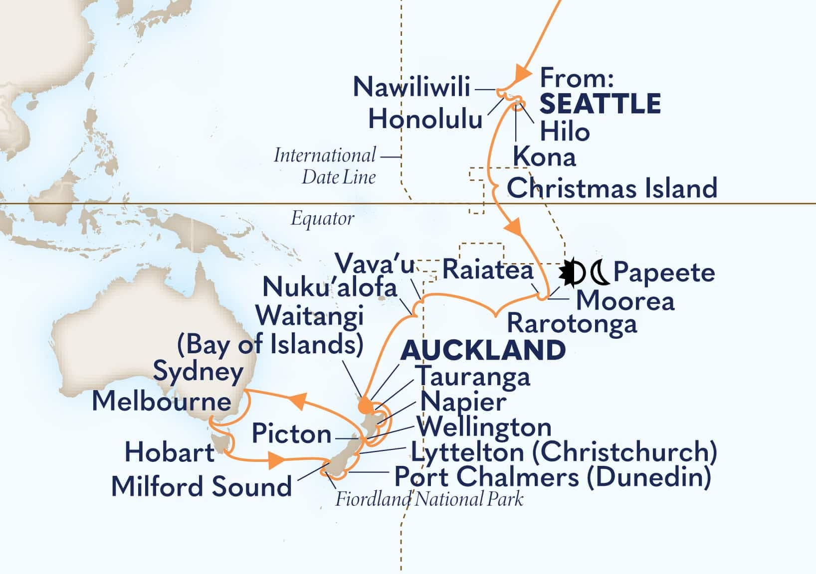 48 nights Oceanian cruise on Westerdam
from ๐บ๐ธ Seattle to ๐ณ๐ฟ Auckland