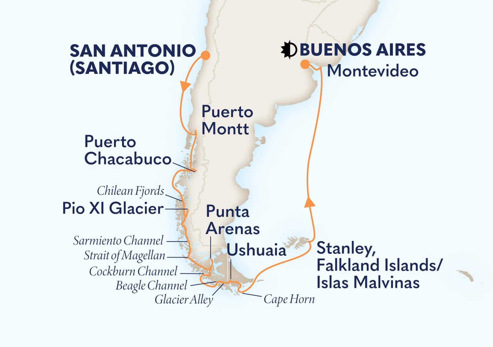 15 nights South American cruise on Oosterdam
from San Antonio (Santiago), Chile to ๐ฆ๐ท Buenos Aires