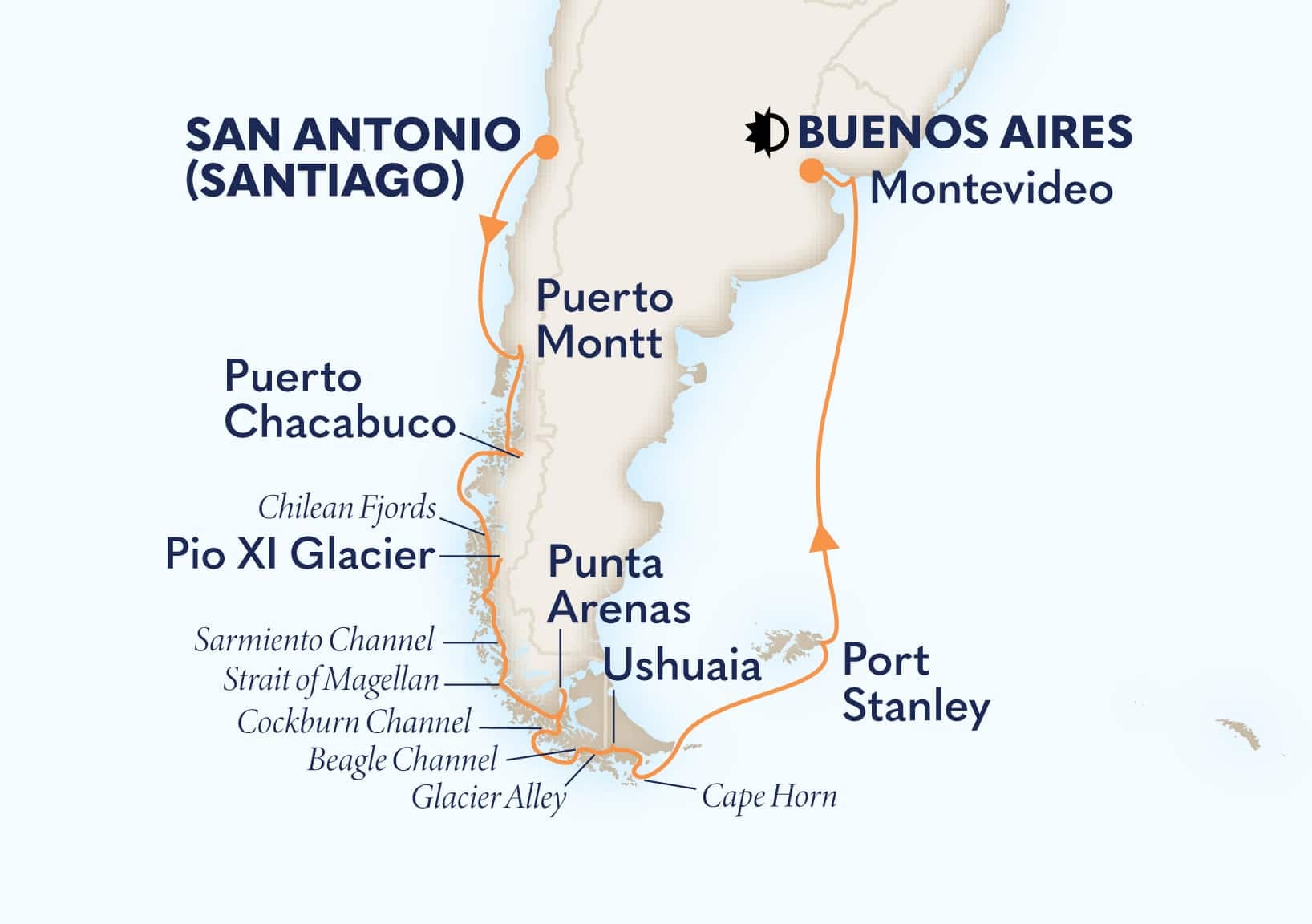 15 nights South American cruise on Nieuw Amsterdam
from San Antonio (Santiago), Chile to ๐ฆ๐ท Buenos Aires