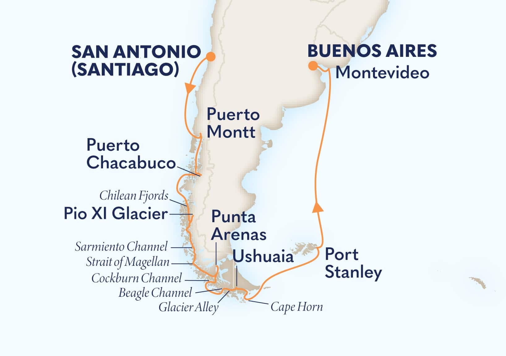 14 nights South American cruise on Nieuw Amsterdam
from San Antonio (Santiago), Chile to ๐ฆ๐ท Buenos Aires