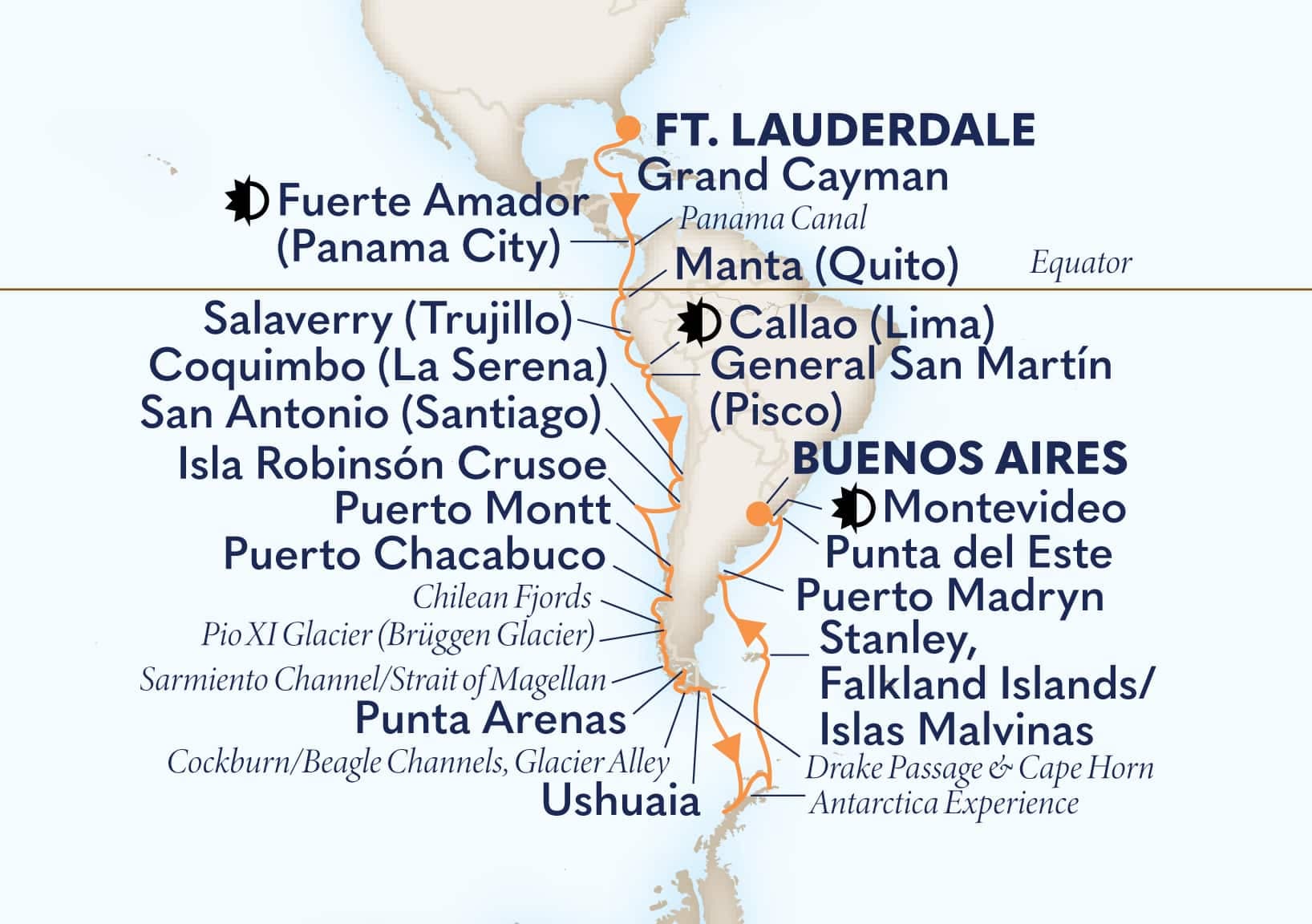 41 nights Extraordinary cruise on Zaandam
from ๐บ๐ธ Fort Lauderdale to ๐ฆ๐ท Buenos Aires