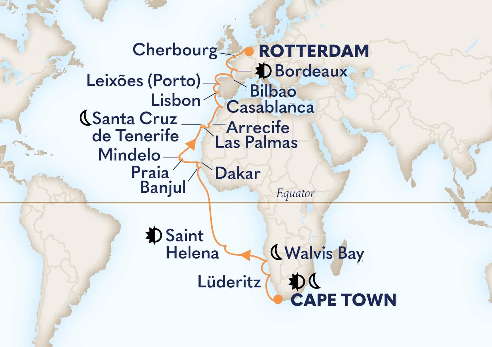 35 nights Extraordinary cruise on Volendam
from ๐ฟ๐ฆ Cape Town to ๐ณ๐ฑ Rotterdam