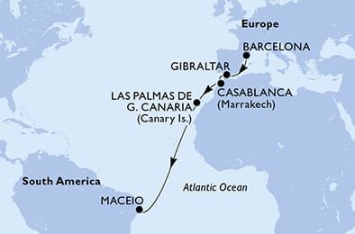 11 nights Transatlantic cruise on MSC Splendida
from 🇪🇸 Barcelona to 🇧🇷 Maceio