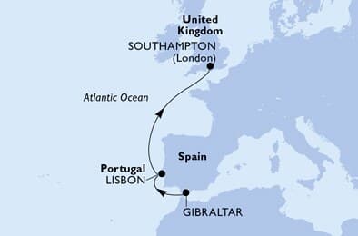 4 nights cruise on MSC Virtuosa
from 🇬🇮 Gibraltar East to 🇬🇧 Southampton