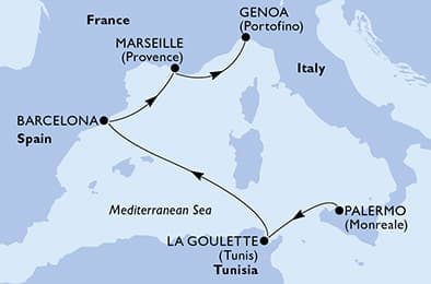 5 nights Mediterranean cruise on MSC Euribia
from 🇮🇹 Palermo to 🇮🇹 Genova