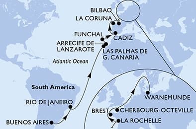 24 nights Transatlantic cruise on MSC Splendida
from 🇦🇷 Buenos Aires to 🇩🇪 Rostock (Berlin)