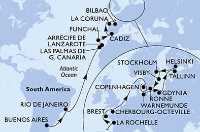 34 nights Transatlantic cruise on MSC Splendida
from 🇦🇷 Buenos Aires to 🇩🇰 Copenhagen