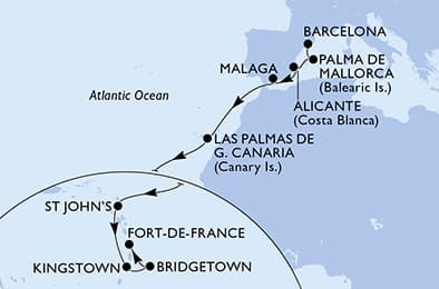 15 nights Transatlantic cruise on MSC World Asia
from 🇪🇸 Barcelona to 🇲🇶 Fort-de-France