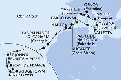 22 nights Transatlantic cruise on MSC World Asia
from 🇫🇷 Marseille to 🇬🇵 Pointe-à -Pitre