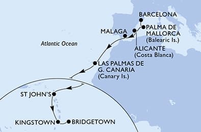 14 nights Transatlantic cruise on MSC World Asia
from 🇪🇸 Barcelona to 🇧🇧 Bridgetown