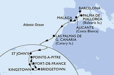 16 nights Transatlantic cruise on MSC World Asia
from 🇪🇸 Barcelona to 🇬🇵 Pointe-à -Pitre