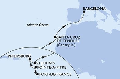 13 nights Transatlantic cruise on MSC World Asia
from 🇲🇶 Fort-de-France to 🇪🇸 Barcelona