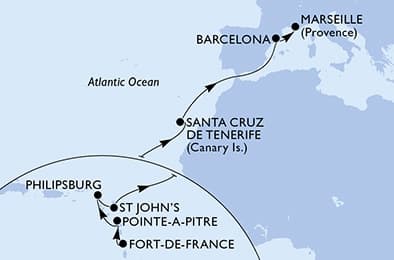 14 nights Transatlantic cruise on MSC World Asia
from 🇲🇶 Fort-de-France to 🇫🇷 Marseille