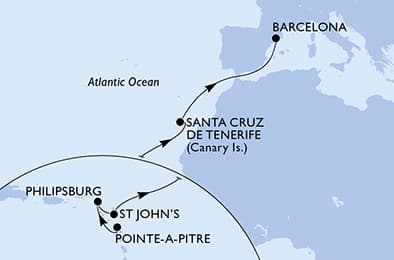 12 nights Transatlantic cruise on MSC World Asia
from 🇬🇵 Pointe-à-Pitre to 🇪🇸 Barcelona