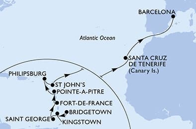 17 nights Transatlantic cruise on MSC World Asia
from 🇧🇧 Bridgetown to 🇪🇸 Barcelona