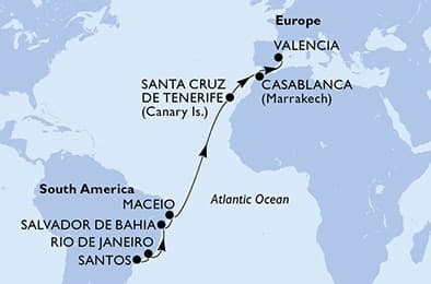 15 nights Transatlantic cruise on MSC Divina
from 🇧🇷 Santos (São Paulo) to 🇪🇸 Valencia
