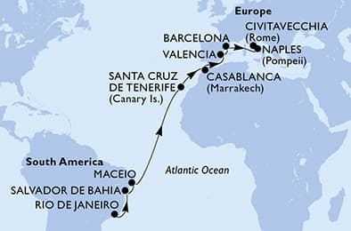18 nights Transatlantic cruise on MSC Divina
from 🇧🇷 Rio de Janeiro to 🇮🇹 Civitavecchia