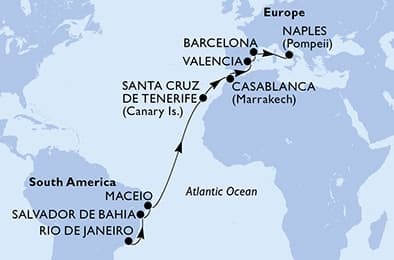17 nights Transatlantic cruise on MSC Divina
from 🇧🇷 Rio de Janeiro to 🇮🇹 Naples