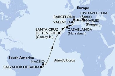 16 nights Transatlantic cruise on MSC Divina
from 🇧🇷 Salvador to 🇮🇹 Civitavecchia