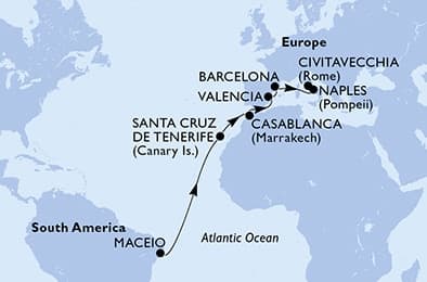 15 nights Transatlantic cruise on MSC Divina
from 🇧🇷 Maceió to 🇮🇹 Civitavecchia