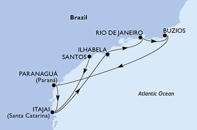 7 nights South American cruise on MSC Musica
from 🇧🇷 Santos (São Paulo) to 🇧🇷 Itajaí