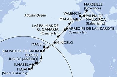 21 nights Transatlantic cruise on MSC Musica
from 🇧🇷 Itajaí to 🇫🇷 Marseille