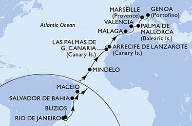 20 nights Transatlantic cruise on MSC Musica
from 🇧🇷 Rio de Janeiro to 🇮🇹 Genoa