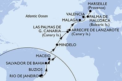 19 nights Transatlantic cruise on MSC Musica
from 🇧🇷 Rio de Janeiro to 🇫🇷 Marseille