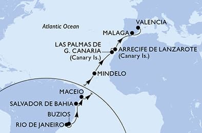 17 nights Transatlantic cruise on MSC Musica
from 🇧🇷 Rio de Janeiro to 🇪🇸 Valencia