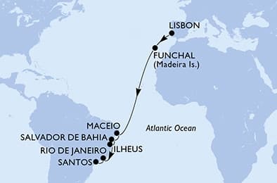 14 nights Transatlantic cruise on MSC Meraviglia
from 🇵🇹 Lisbon to 🇧🇷 Santos (Sao Paulo)