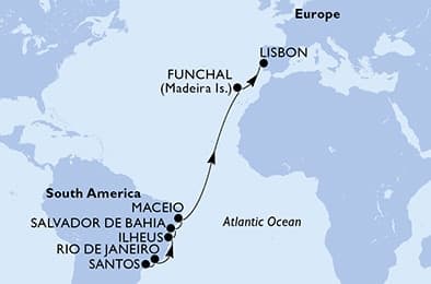 14 nights Transatlantic cruise on MSC Meraviglia
from 🇧🇷 Santos (Sao Paulo) to 🇵🇹 Lisbon