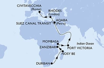 25 nights Transatlantic cruise on MSC Sinfonia
from 🇿🇦 Durban to 🇮🇹 Civitavecchia
