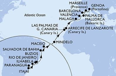 25 nights Transatlantic cruise on MSC Musica
from 🇧🇷 Paranaguá to 🇪🇸 Barcelona