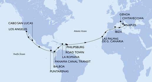 29 nights Extraordinary cruise on MSC Magnifica
from ๐บ๐ธ Los Angeles to ๐ฎ๐น Genova