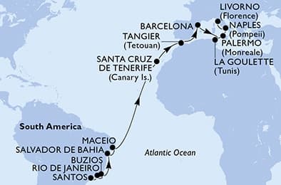 22 nights Transatlantic cruise on MSC Virtuosa
from 🇧🇷 Santos (São Paulo) to 🇮🇹 Livorno
