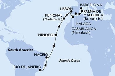 20 nights Transatlantic cruise on MSC Seaview
from 🇧🇷 Rio de Janeiro to 🇪🇸 Barcelona