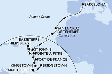 18 nights Caribbean cruise on MSC World Europa
from 🇧🇧 Bridgetown to 🇪🇸 Barcelona