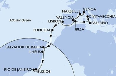 23 nights Transatlantic cruise on MSC Musica
from 🇮🇹 Civitavecchia to 🇧🇷 Rio de Janeiro