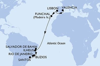 16 nights Transatlantic cruise on MSC Musica
from 🇪🇸 Valencia to 🇧🇷 Santos (São Paulo)