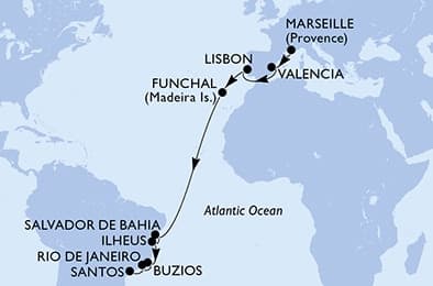 17 nights Transatlantic cruise on MSC Musica
from 🇫🇷 Marseille to 🇧🇷 Santos (São Paulo)