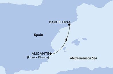 1 night cruise on MSC Euribia
from 🇪🇸 Alicante to 🇪🇸 Barcelona