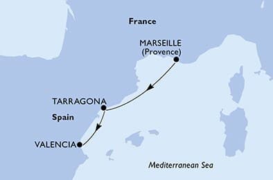 2 nights Mediterranean cruise on MSC Orchestra
from ๐ซ๐ท Marseille to ๐ช๐ธ Valencia