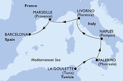 5 nights Mediterranean cruise on MSC Meraviglia
from 🇹🇳 La Goulette to 🇪🇸 Barcelona