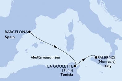 3 nights Mediterranean cruise on MSC Meraviglia
from 🇪🇸 Barcelona to 🇮🇹 Palermo