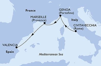 3 nights Mediterranean cruise on MSC Musica
from ๐ฎ๐น Civitavecchia to ๐ช๐ธ Valencia