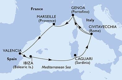 8 nights Mediterranean cruise on MSC Musica
from ๐ฎ๐น Civitavecchia to ๐ฎ๐น Genova